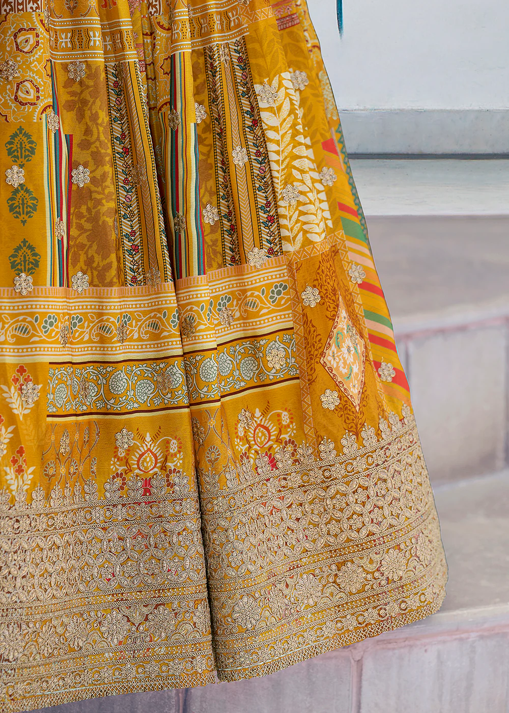 Yellow Printed & Zari Dori Embroidered Lehenga Choli - Image 9