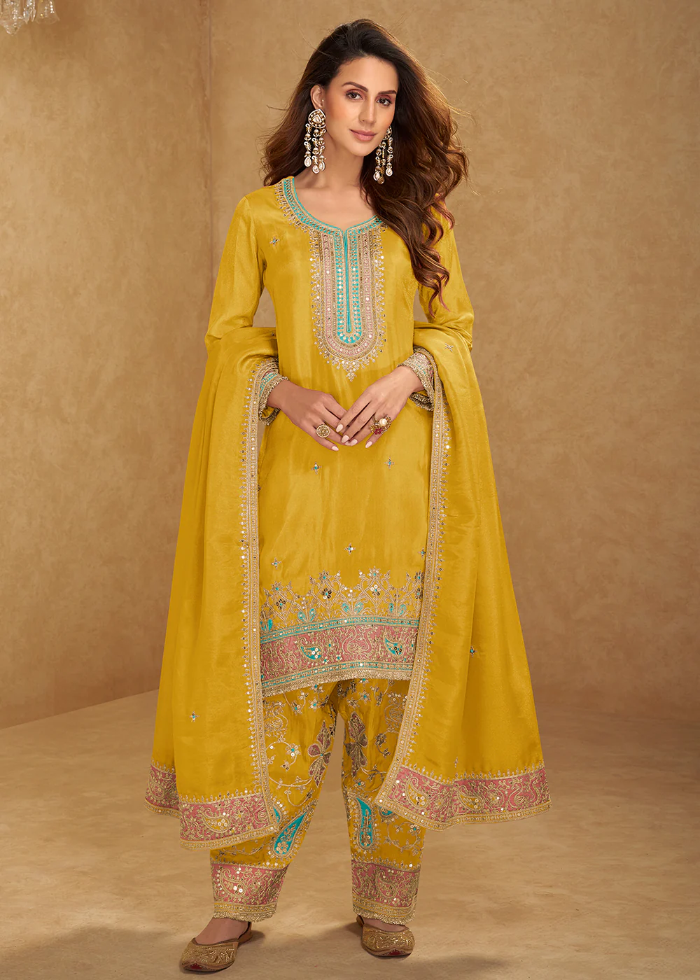 Yellow Punjabi Style Embroidered Festive Salwar Kameez