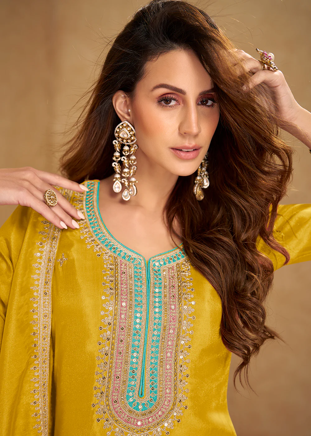 Yellow Punjabi Style Embroidered Festive Salwar Kameez - Image 2