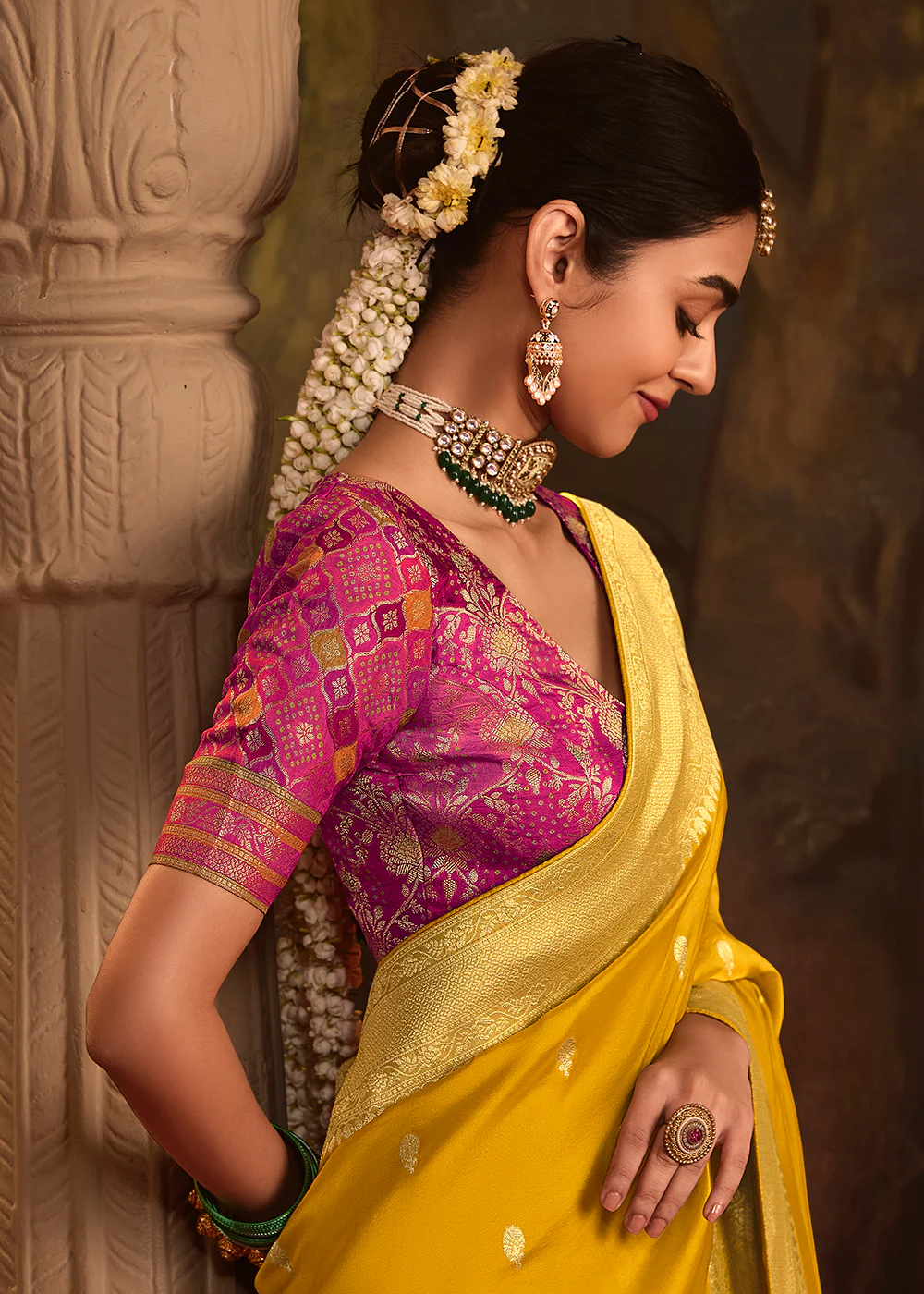 Yellow Pure Crepe Dola Silk Wedding Festive Saree - Image 2