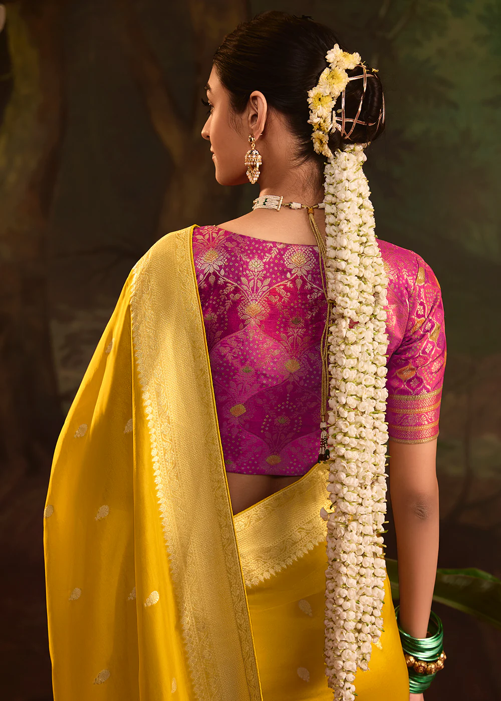 Yellow Pure Crepe Dola Silk Wedding Festive Saree - Image 3