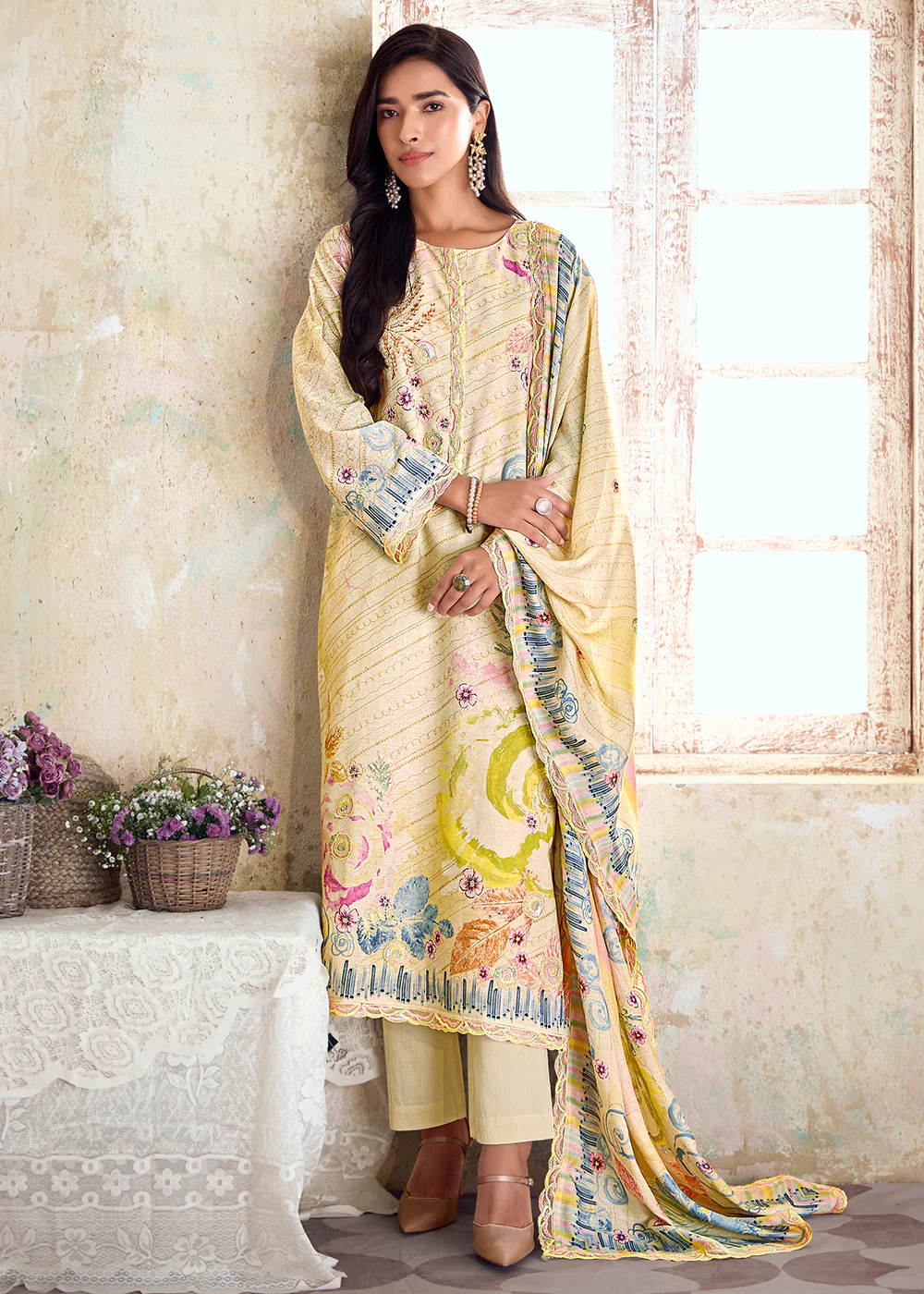 Yellow Pure Linen Printed & Embroidered Pant Style Suit