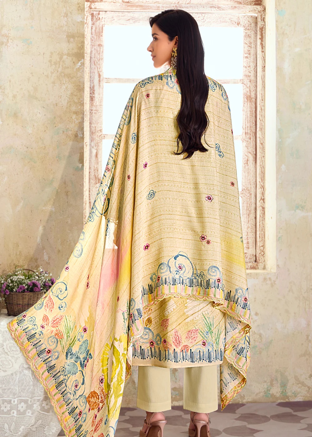 Yellow Pure Linen Printed & Embroidered Pant Style Suit - Image 3