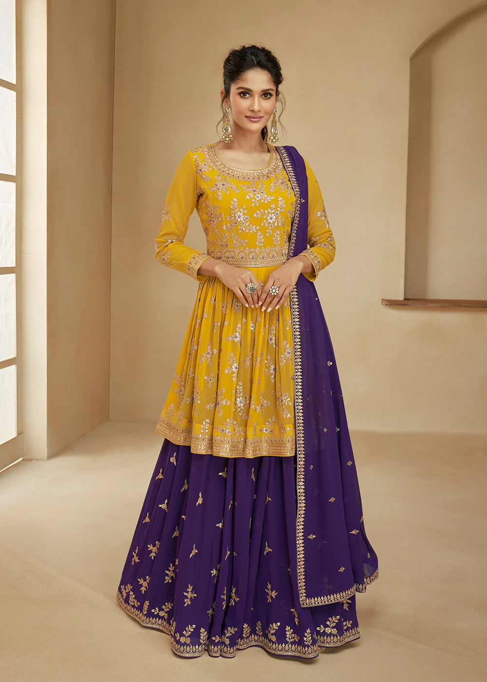 Yellow & Purple Sharara Top Style Lehenga Anarkali