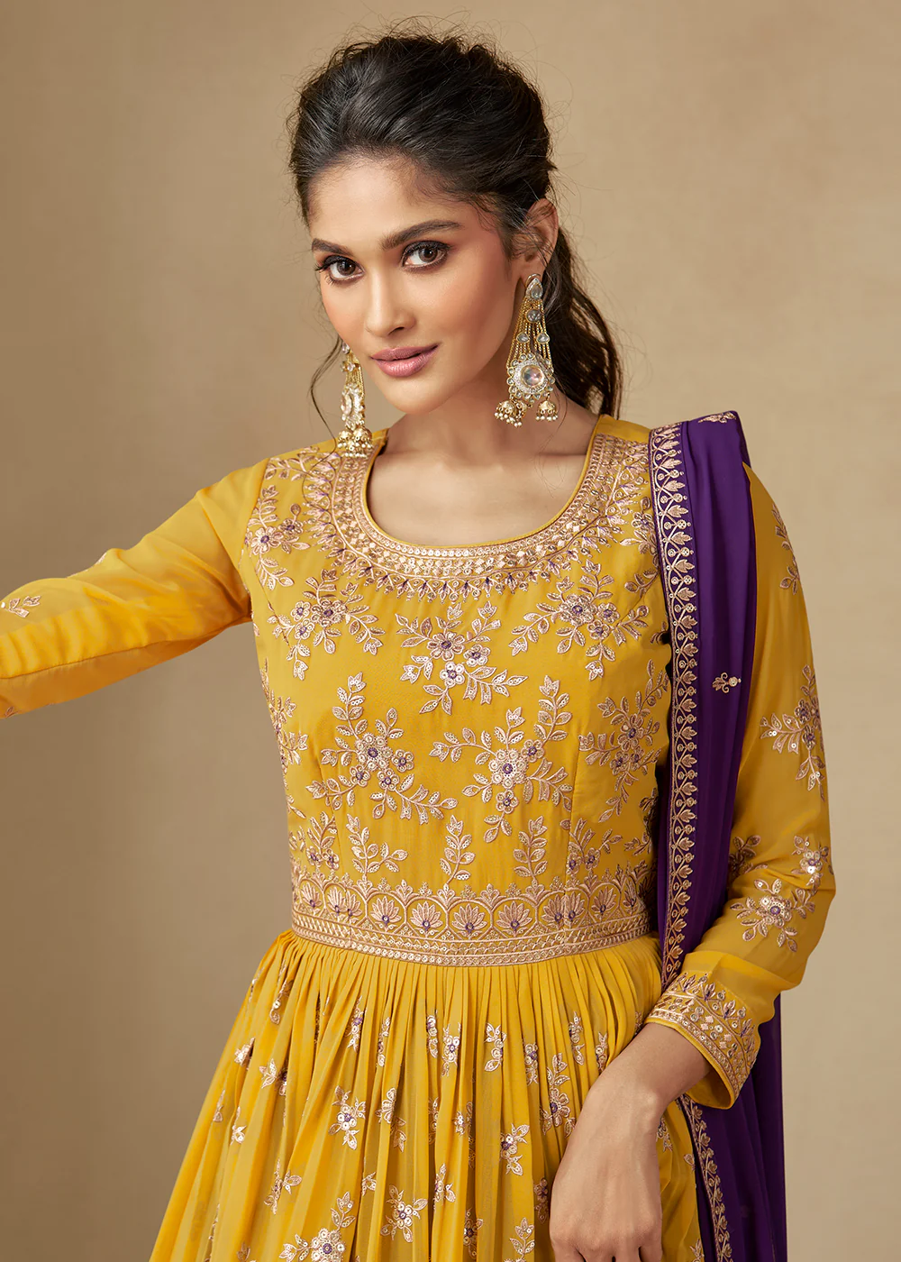 Yellow & Purple Sharara Top Style Lehenga Anarkali - Image 2
