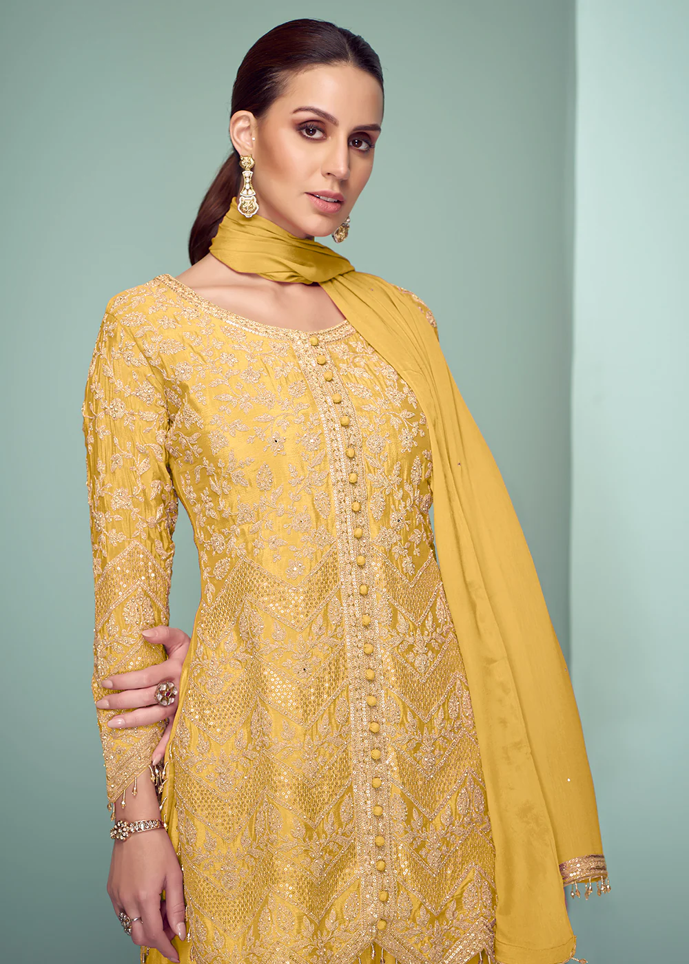 Yellow Real Chinnon Embroidered Designer Palazzo Suit - Image 2