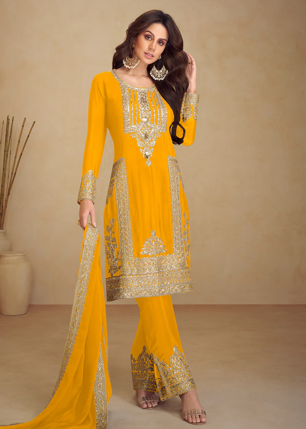 Yellow Real Chinnon Silk Pant Style Festive Dress