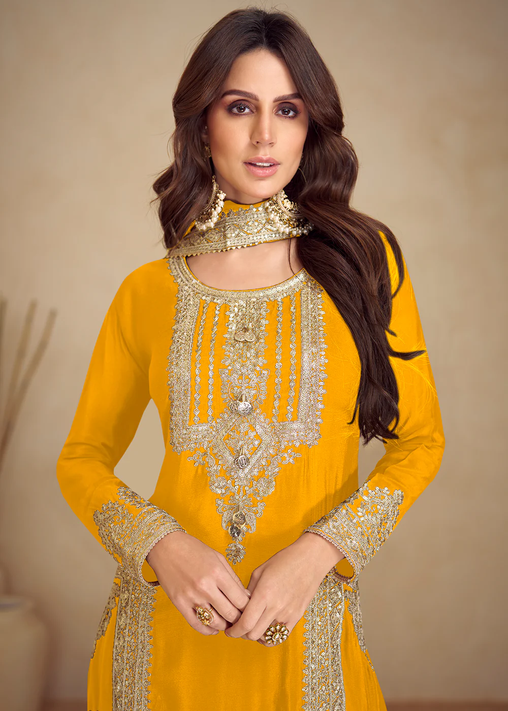 Yellow Real Chinnon Silk Pant Style Festive Dress - Image 2