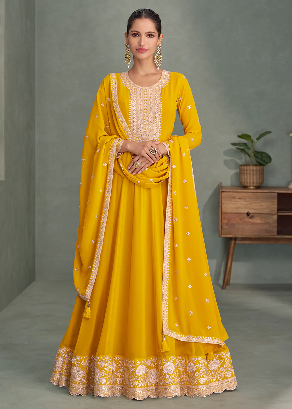 Yellow Real Georgette Embroidered Festive Anarkali Suit