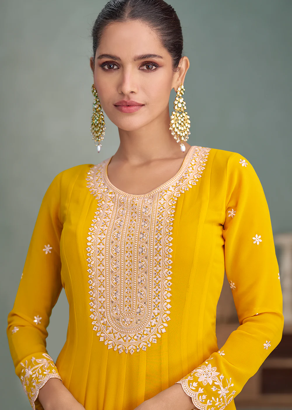 Yellow Real Georgette Embroidered Festive Anarkali Suit - Image 2