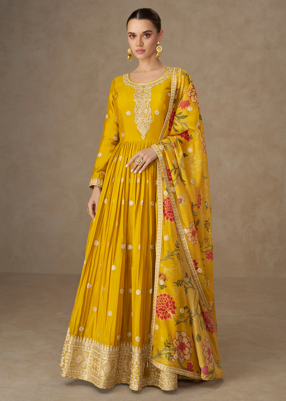 Yellow Resham Threads Embroidered Festive Anarkali Suit