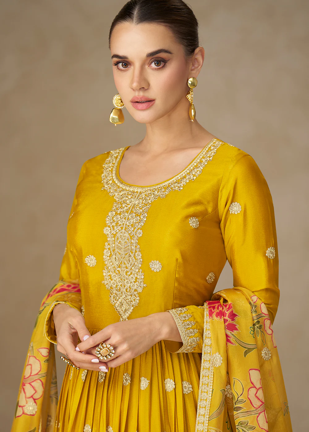 Yellow Resham Threads Embroidered Festive Anarkali Suit - Image 2