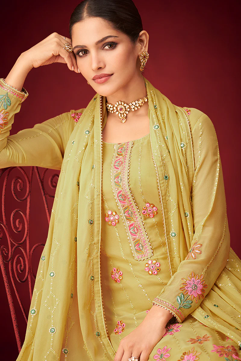 Yellow Sequins & Thread Embroidered Georgette Salwar Suit - Image 2