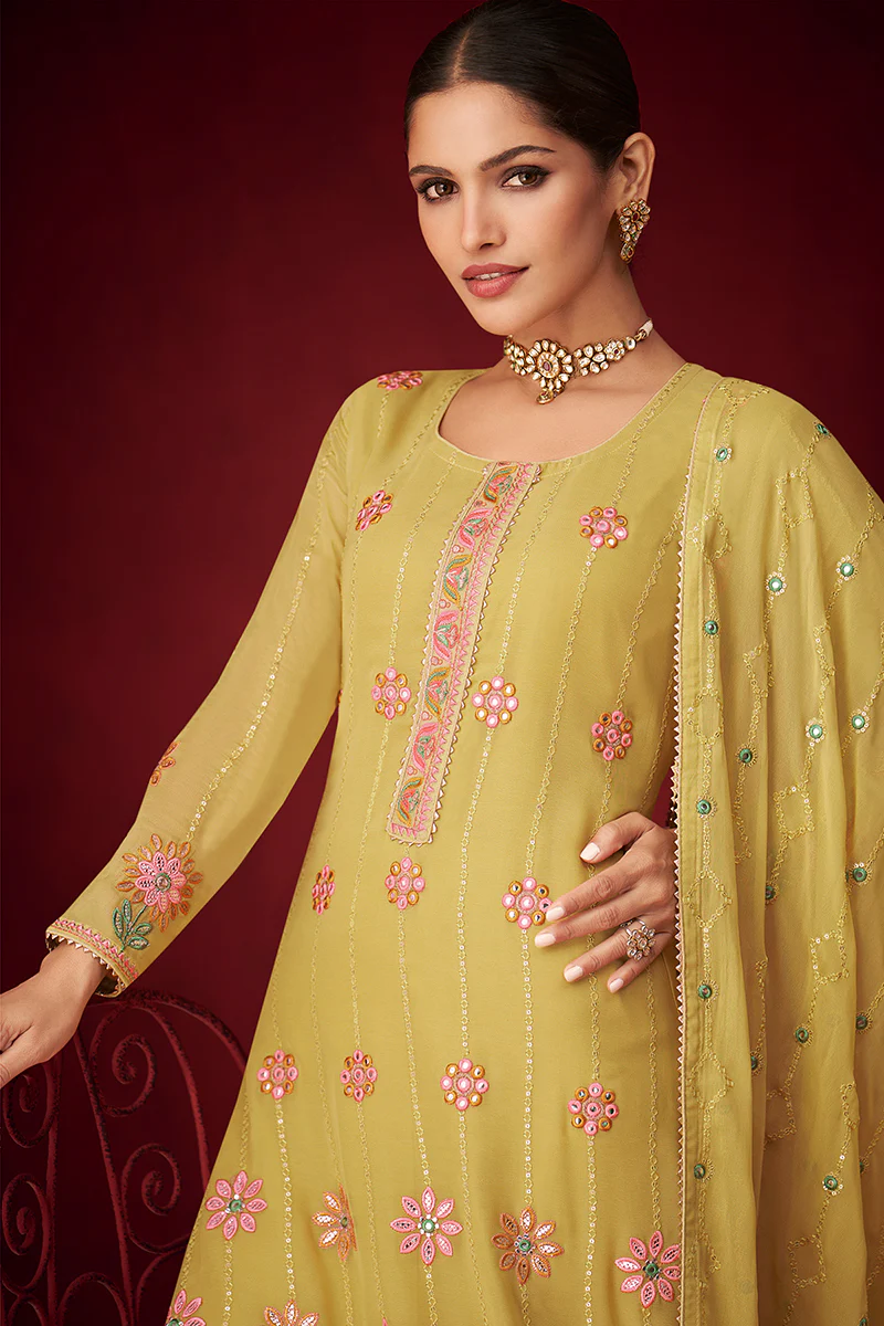 Yellow Sequins & Thread Embroidered Georgette Salwar Suit - Image 3