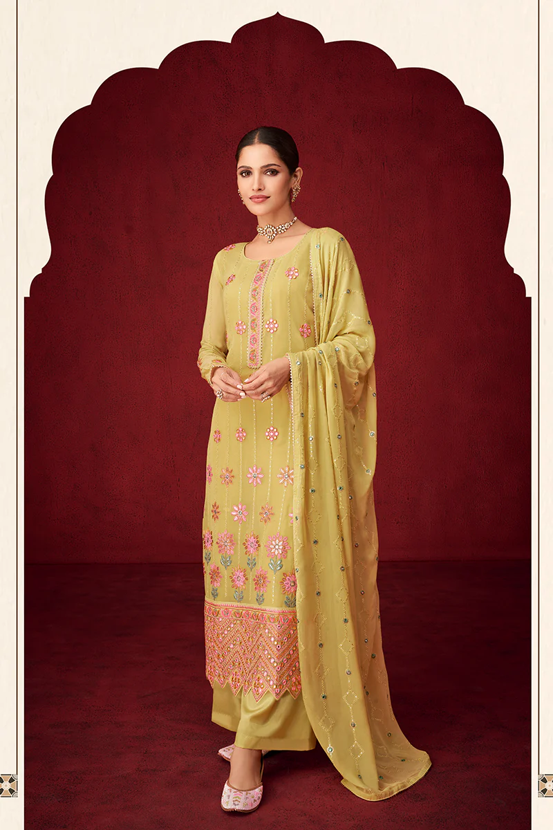 Yellow Sequins & Thread Embroidered Georgette Salwar Suit - Image 4
