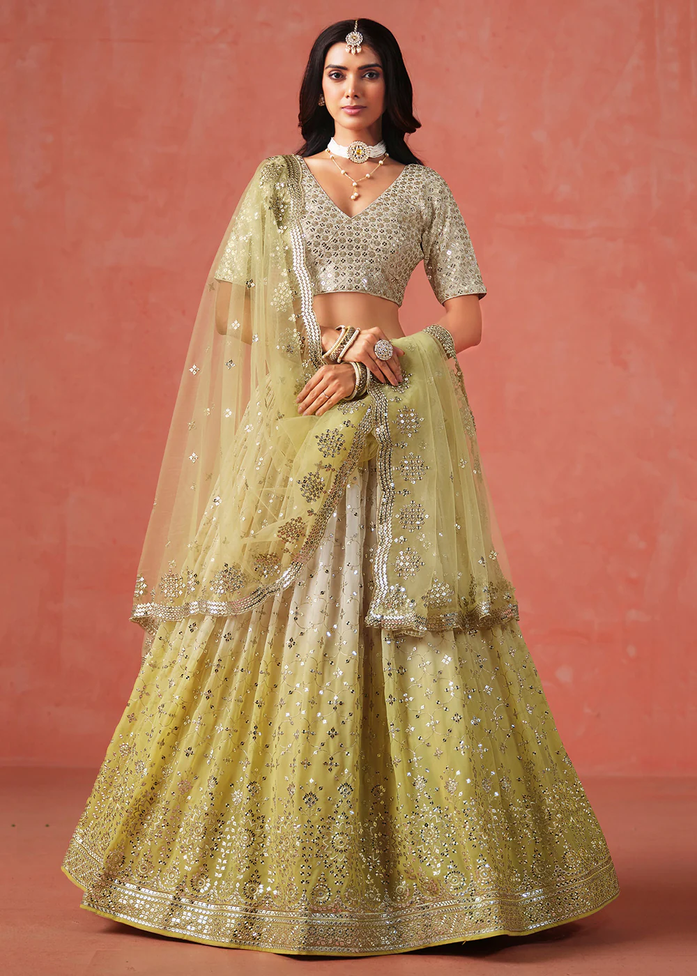 Yellow Sequins & Zari Embroidered Wedding Lehenga Choli
