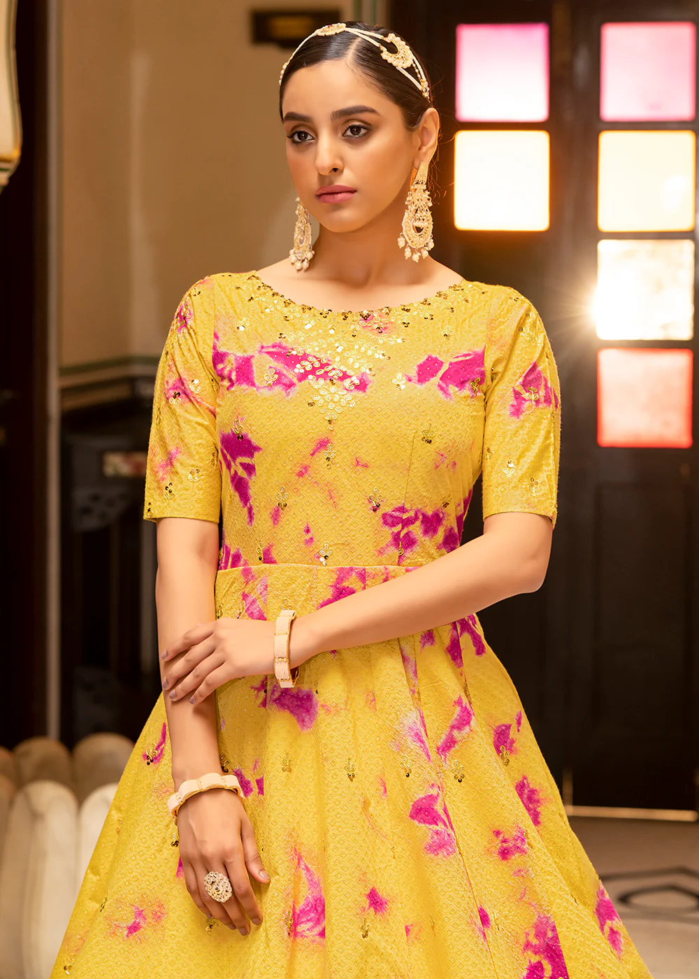 Yellow Shibori Print Embroidered Floor Length Cotton Gown - Image 2
