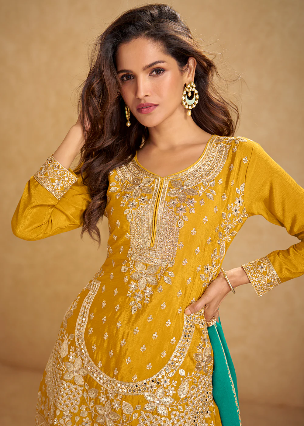 Yellow Short Top Style Chinnon Haldi Palazzo Suit - Image 2