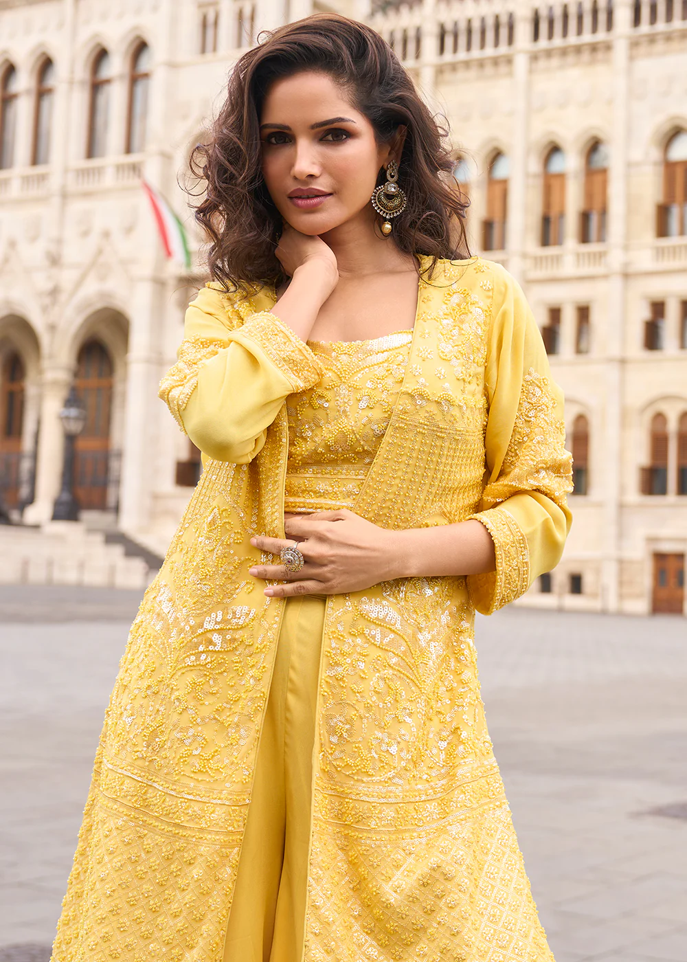 Yellow Shrug Style Georgette Indo Western Palazzo Suit - Image 2