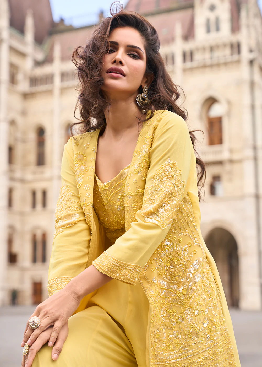 Yellow Shrug Style Georgette Indo Western Palazzo Suit - Image 4