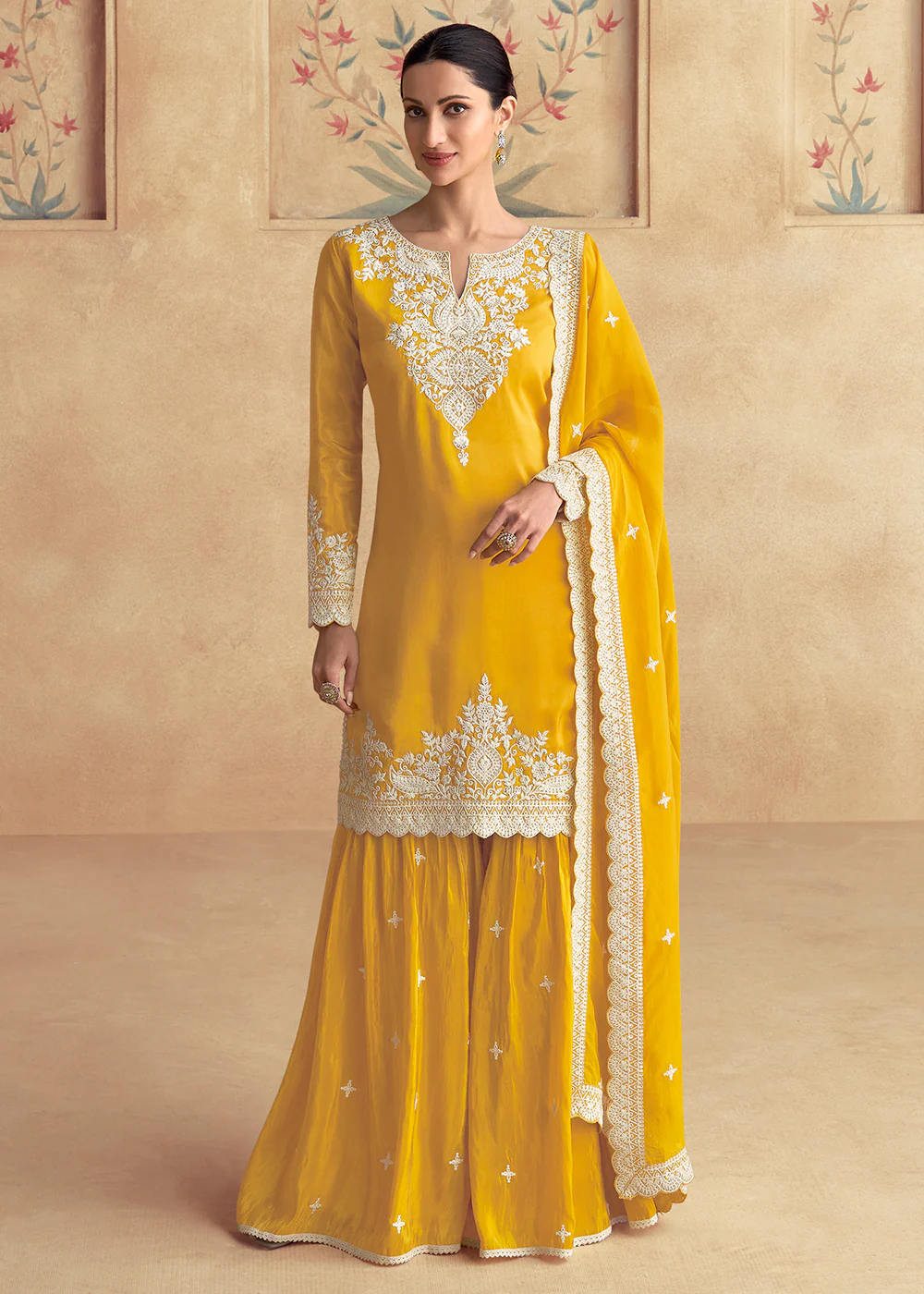 Yellow Silk Embroidered Festive Gharara Suit