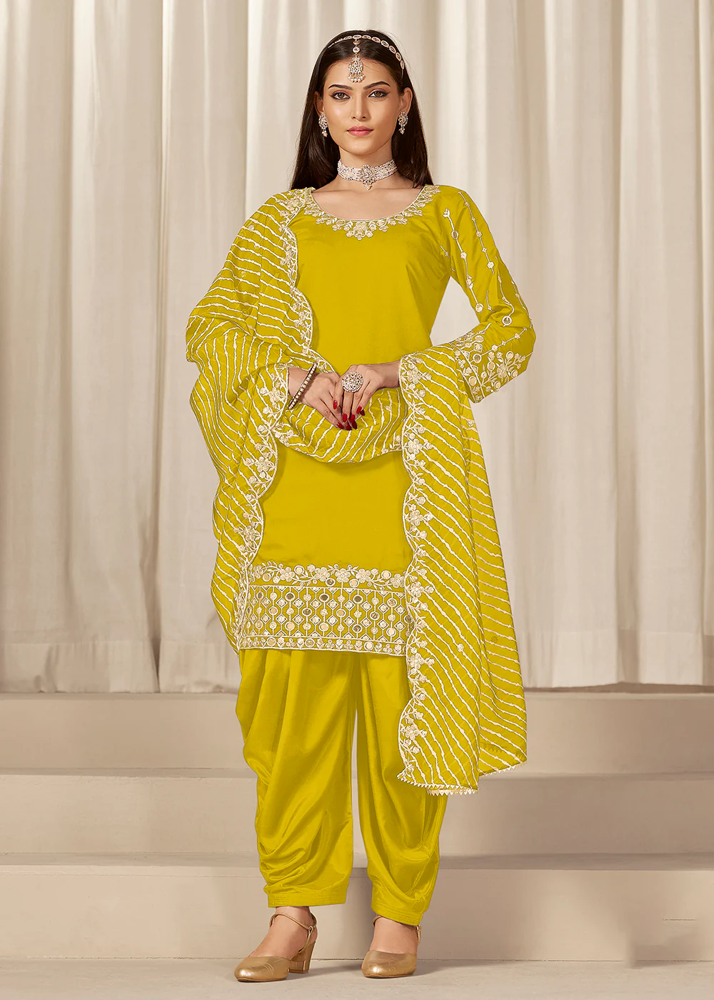 Yellow Silk Embroidered Patiala Punjabi Style Suit