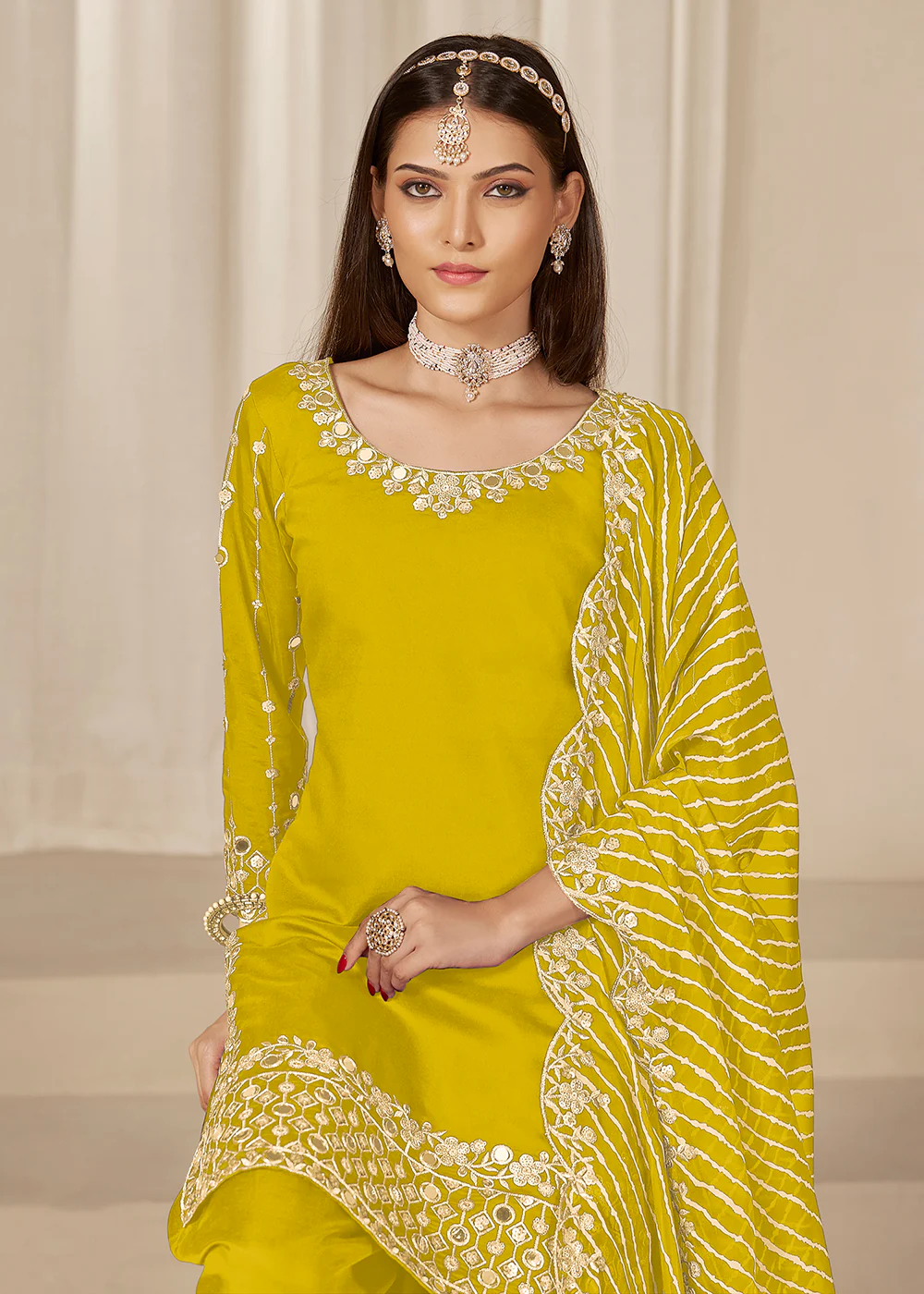 Yellow Silk Embroidered Patiala Punjabi Style Suit - Image 2