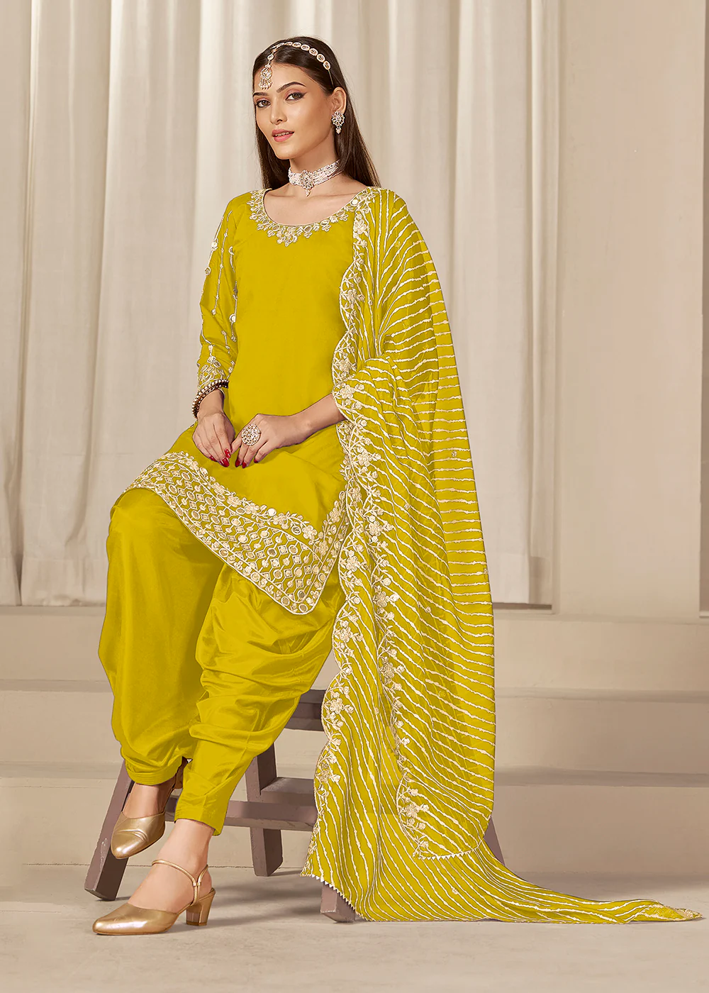 Yellow Silk Embroidered Patiala Punjabi Style Suit - Image 4