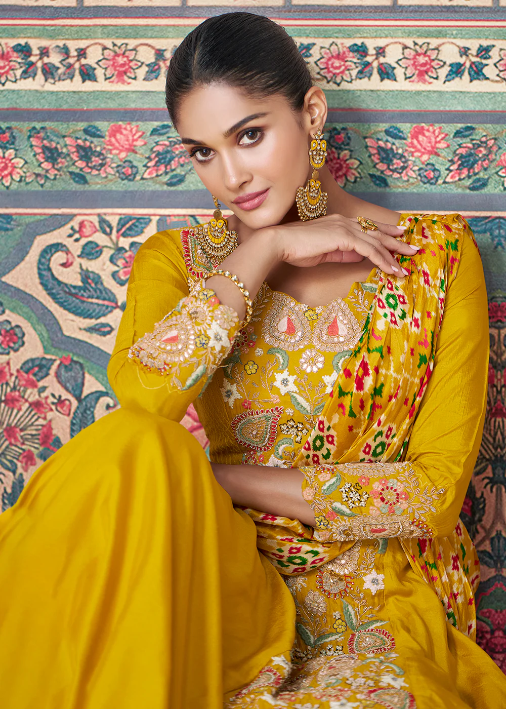 Yellow Silk Embroidered Saree Style Party Wear Anarkali Gown - Image 3