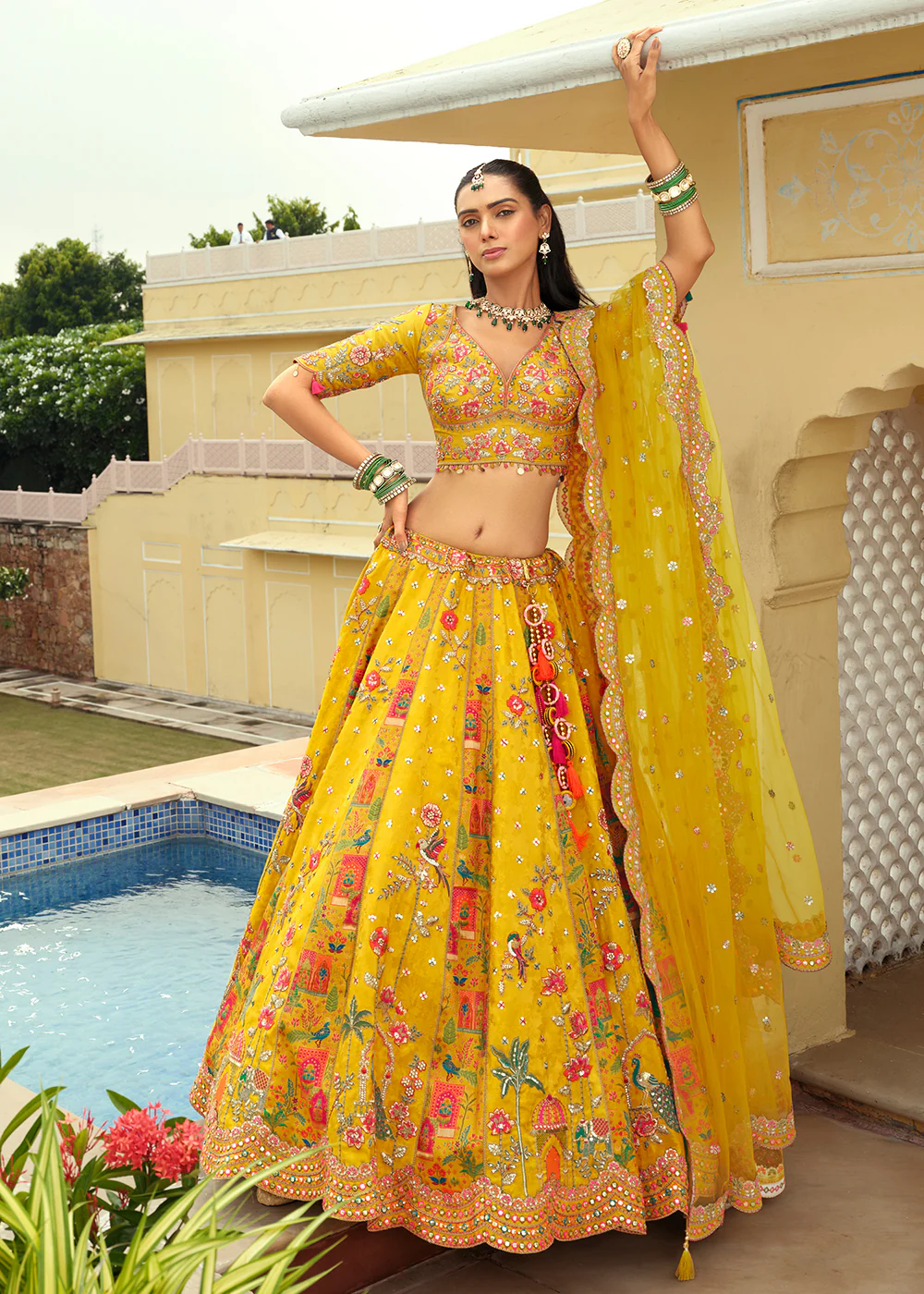 Yellow Silk with Embroidered Bridal Lehenga Choli - Image 3