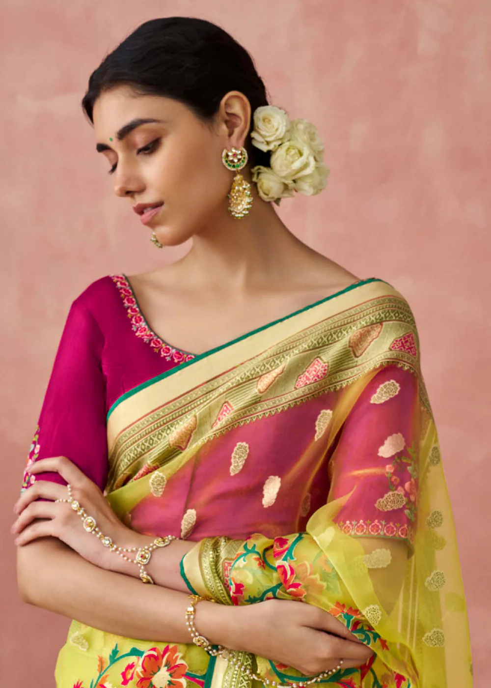 Yellow Soft Brasso Organza Printed Festive Classic Saree - Image 2