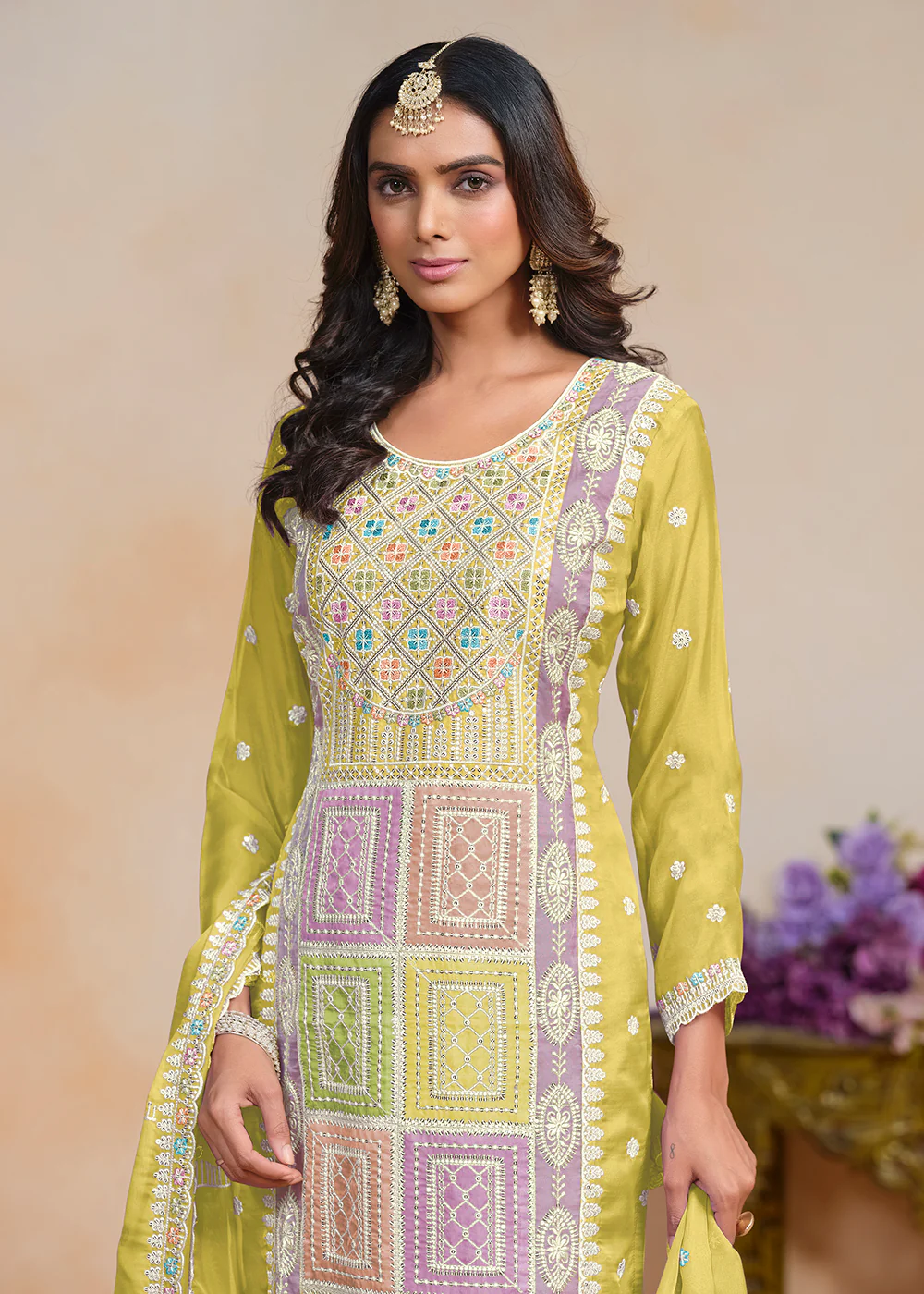 Yellow Soft Organza Embroidered Festive Pant Style Suit - Image 2