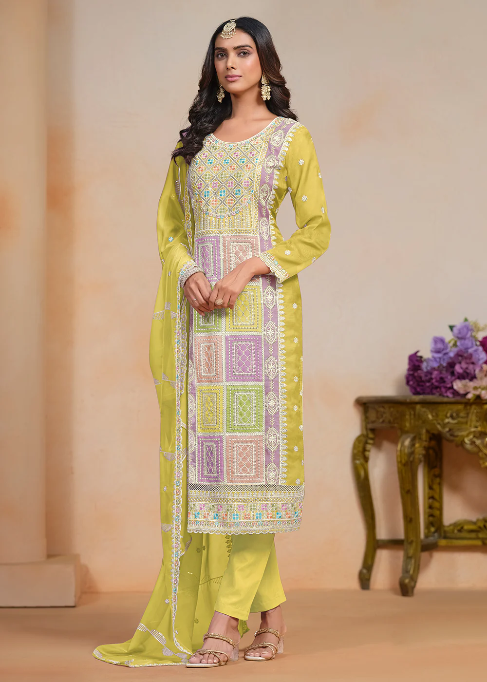 Yellow Soft Organza Embroidered Festive Pant Style Suit - Image 3