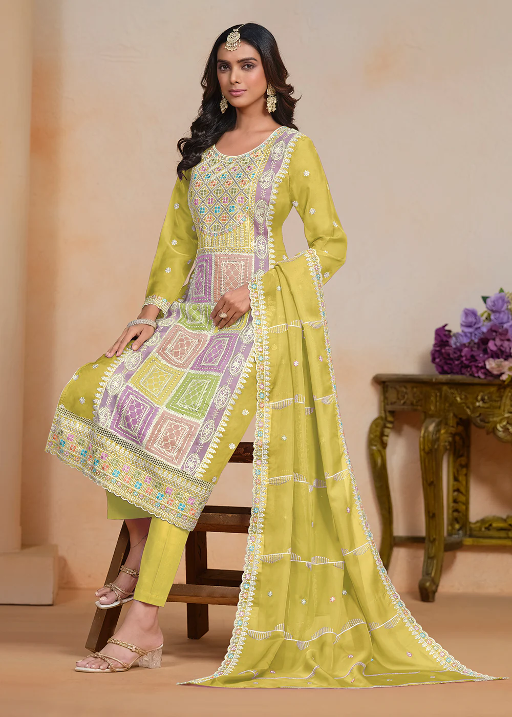 Yellow Soft Organza Embroidered Festive Pant Style Suit - Image 4