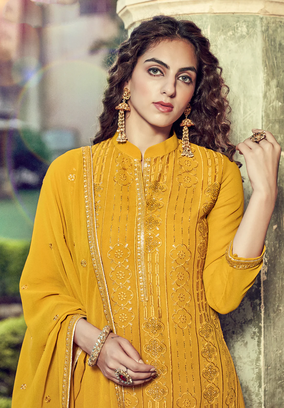 Yellow Swarovski Embroidered Georgette Palazzo Suit - Image 2