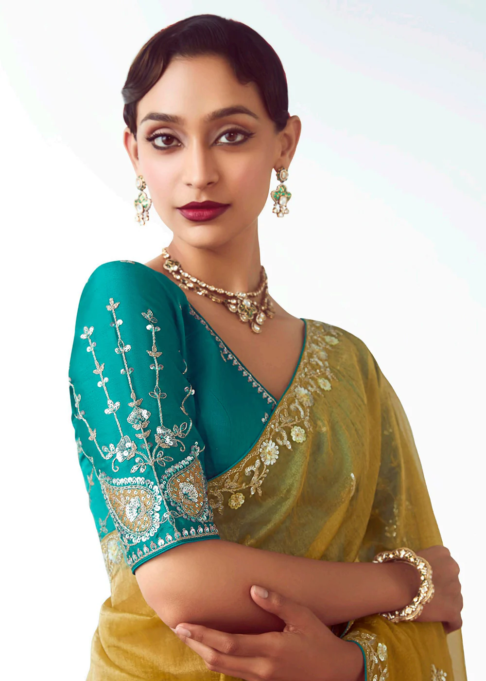 Yellow & Teal Fancy Fabric Embroidered Designer Saree - Image 2