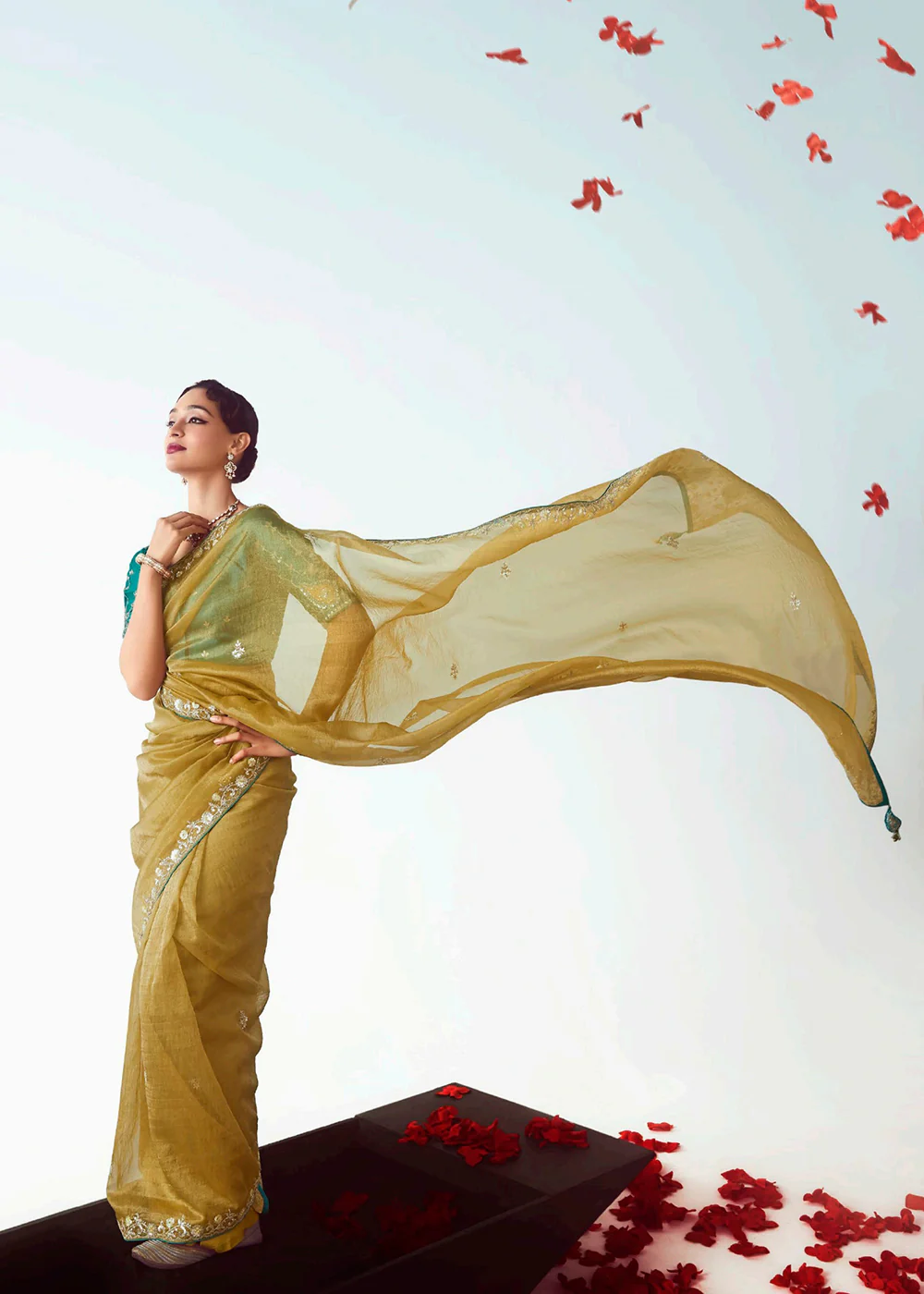 Yellow & Teal Fancy Fabric Embroidered Designer Saree - Image 3
