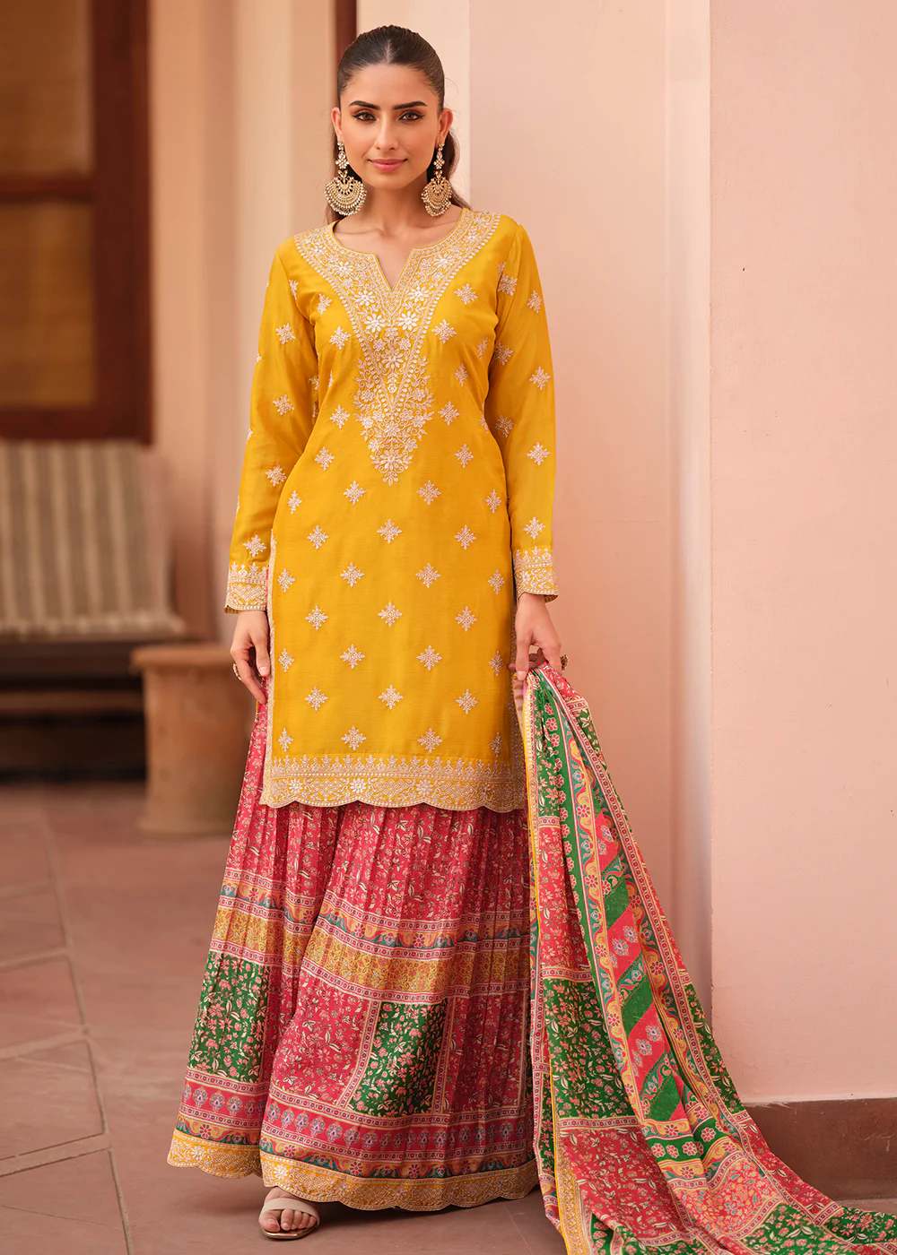 Yellow Thread & Sequins with Print Work Festive Palazzo Suit
