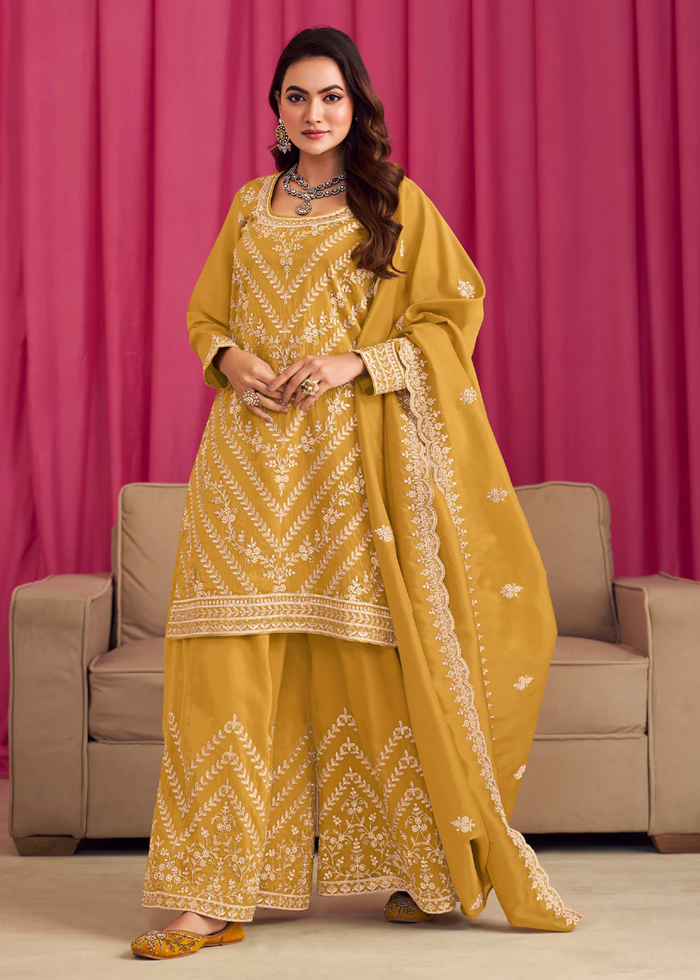 Yellow Threads & Diamond Work Festive Palazzo Suit