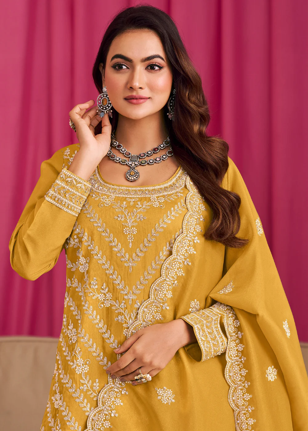 Yellow Threads & Diamond Work Festive Palazzo Suit - Image 2