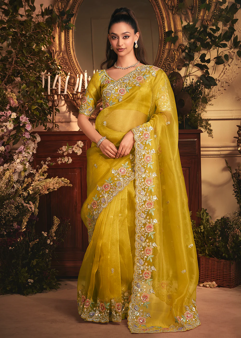 Yellow Tissue Organza Silk Embroidered Designer Saree