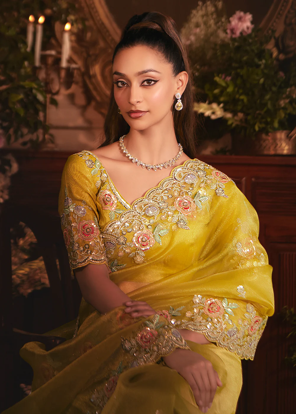 Yellow Tissue Organza Silk Embroidered Designer Saree - Image 2