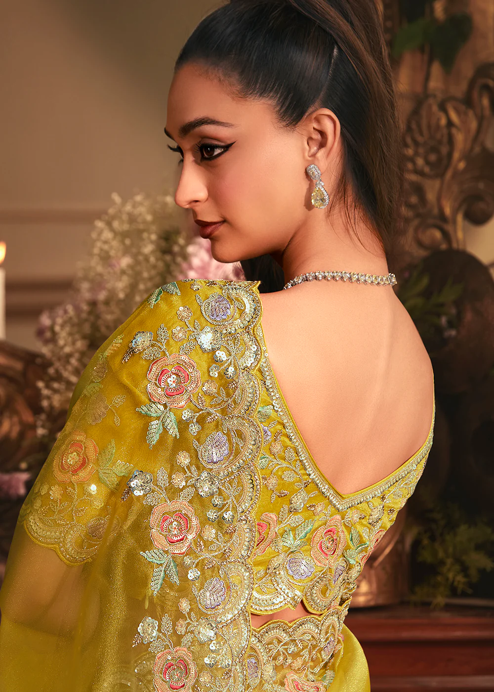 Yellow Tissue Organza Silk Embroidered Designer Saree - Image 3