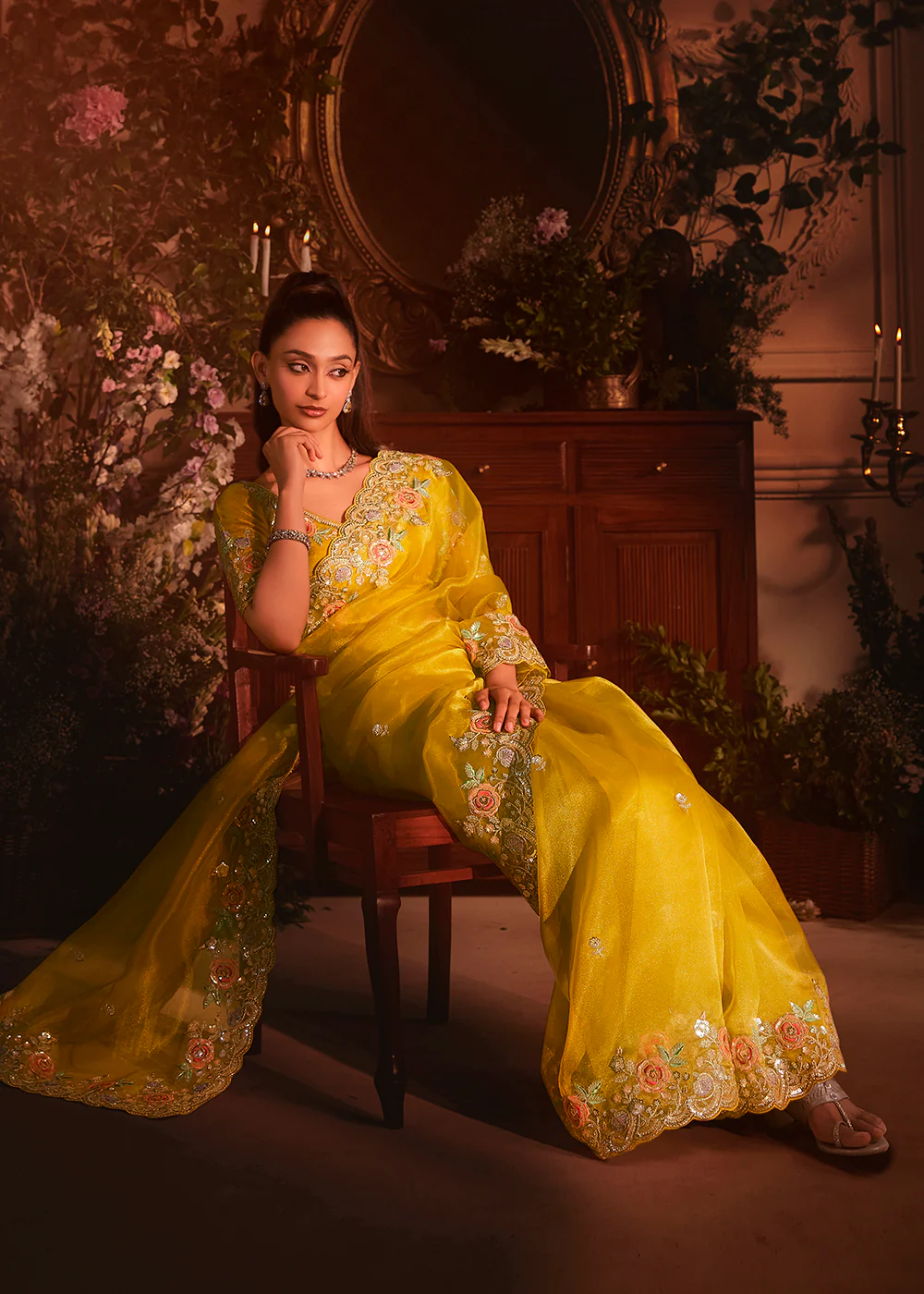 Yellow Tissue Organza Silk Embroidered Designer Saree - Image 4