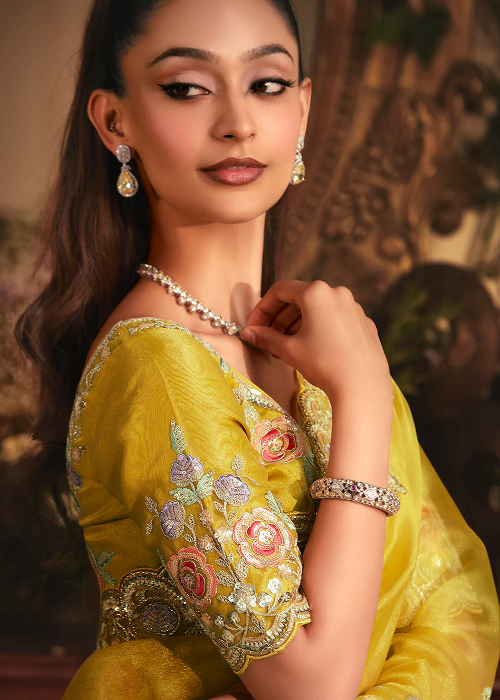 Yellow Tissue Organza Silk Embroidered Designer Saree - Image 5