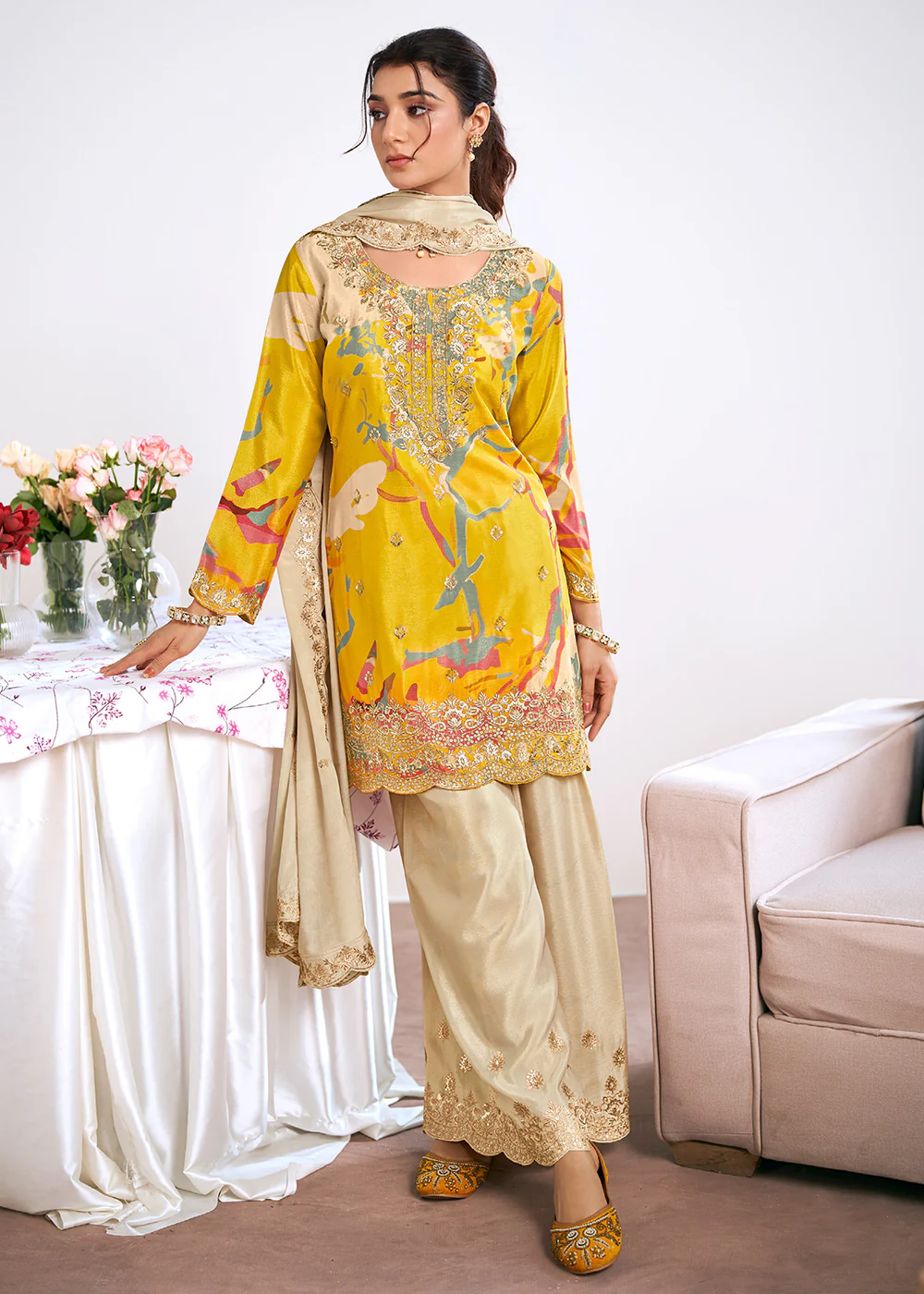 Yellow Trendy Digital Printed Palazzo Suit for Wedding