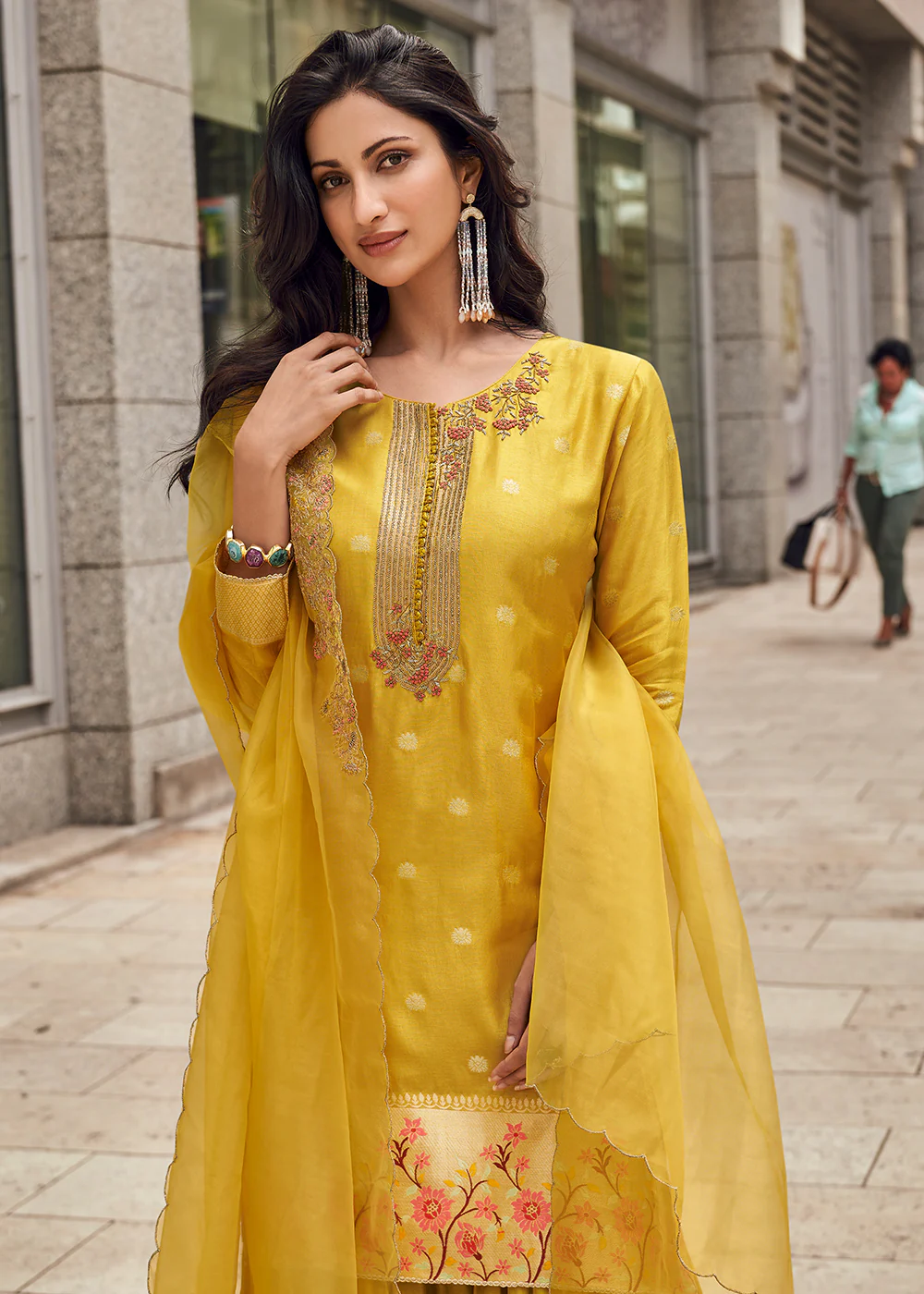 Yellow Viscose Jacquard Silk Festive Style Gharara Suit - Image 2