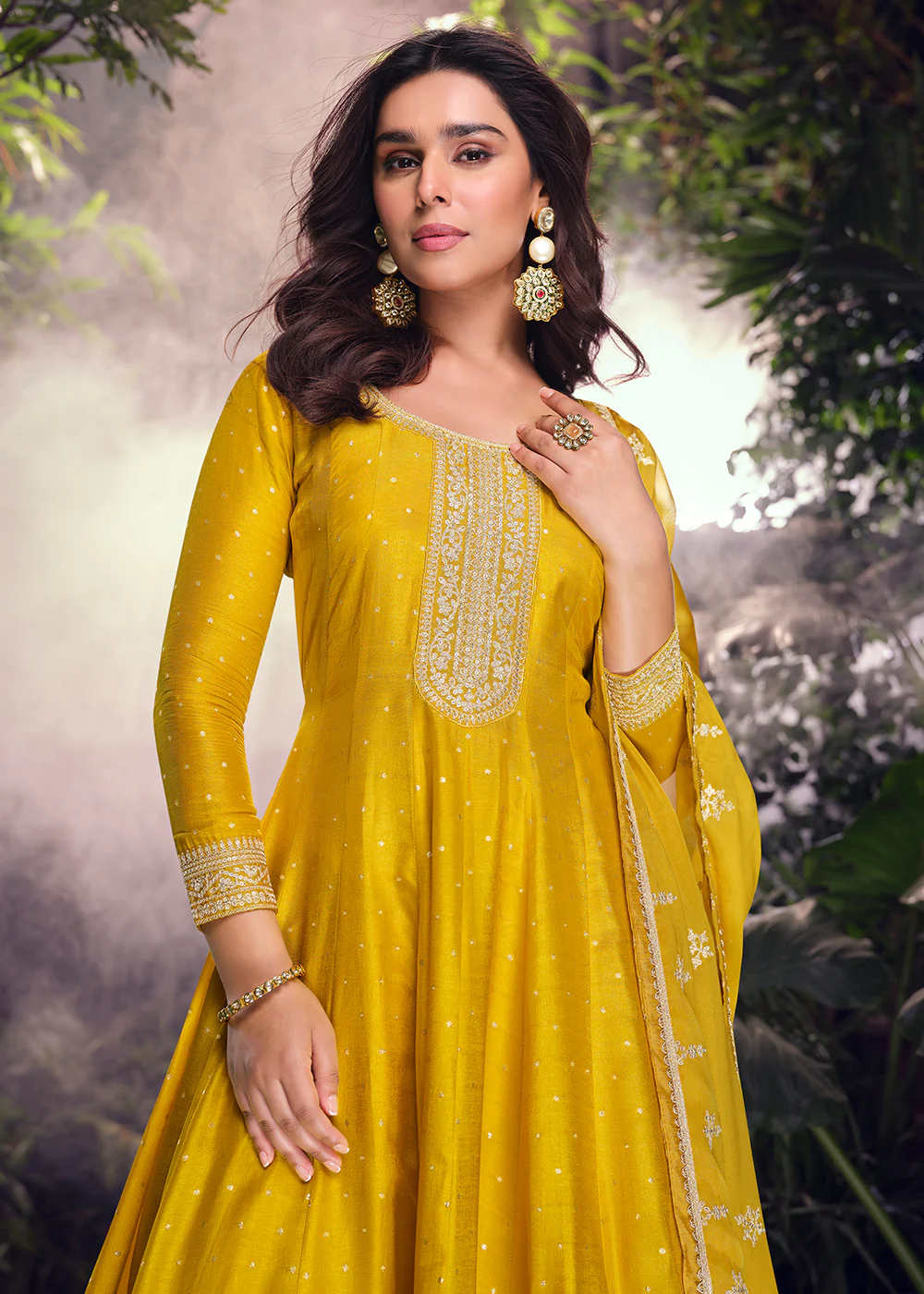 Yellow Viscose Jacquard Silk Wedding Festive Palazzo Suit - Image 2