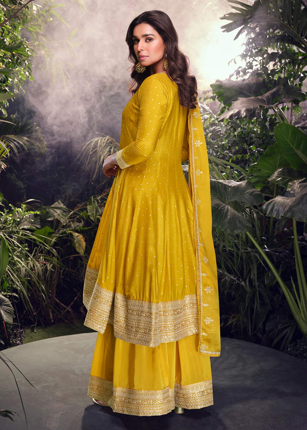 Yellow Viscose Jacquard Silk Wedding Festive Palazzo Suit - Image 3