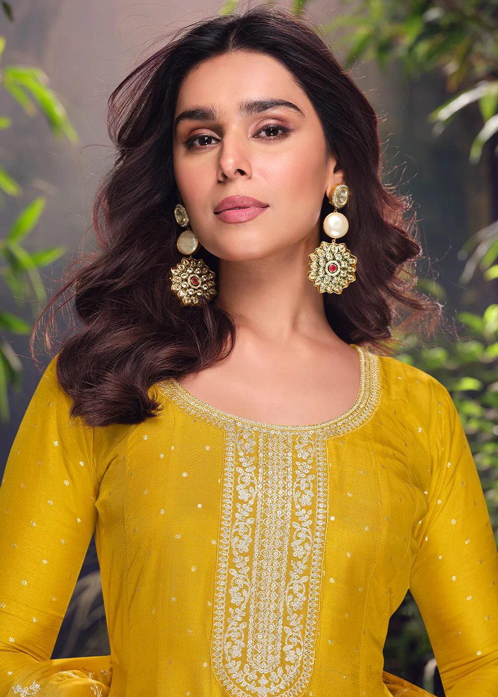 Yellow Viscose Jacquard Silk Wedding Festive Palazzo Suit - Image 4